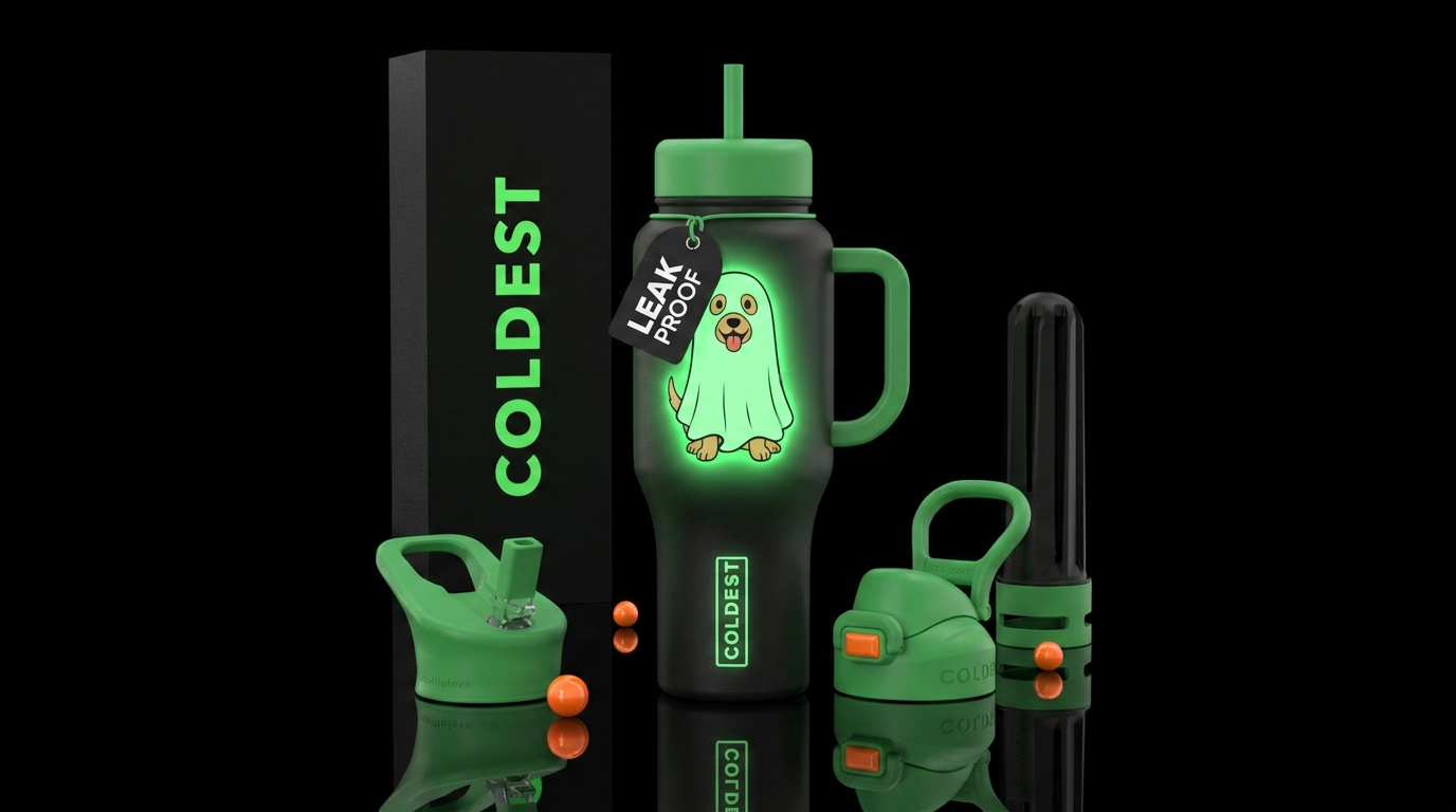 Halloween, dog in a ghost costume glow in the dark water bottle design