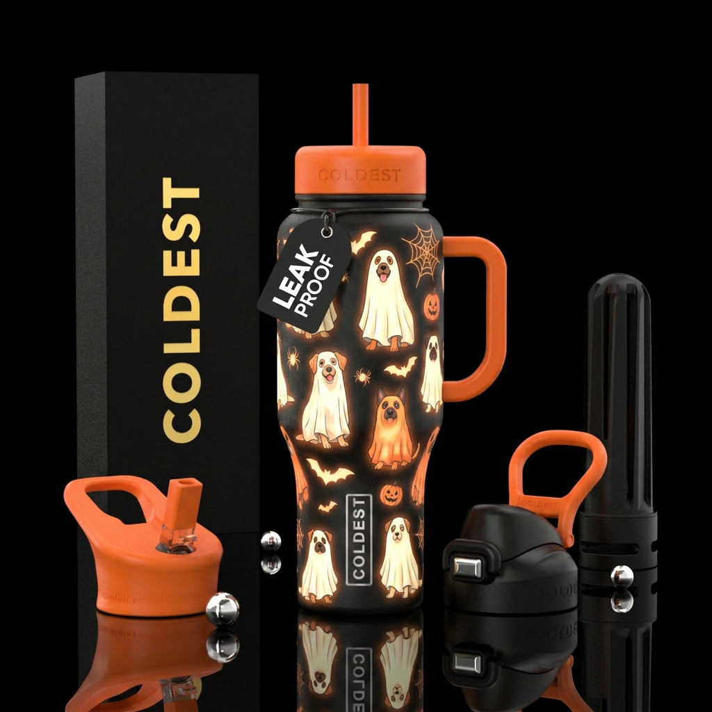 Halloween, dog in a ghost costume glow in the dark water bottle design