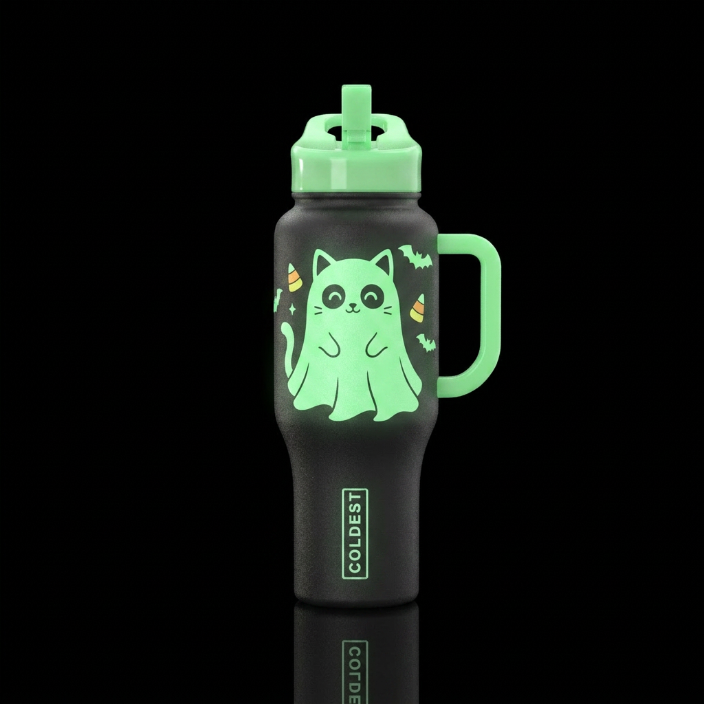Halloween, cat in a ghost costume glow in the dark water bottle design