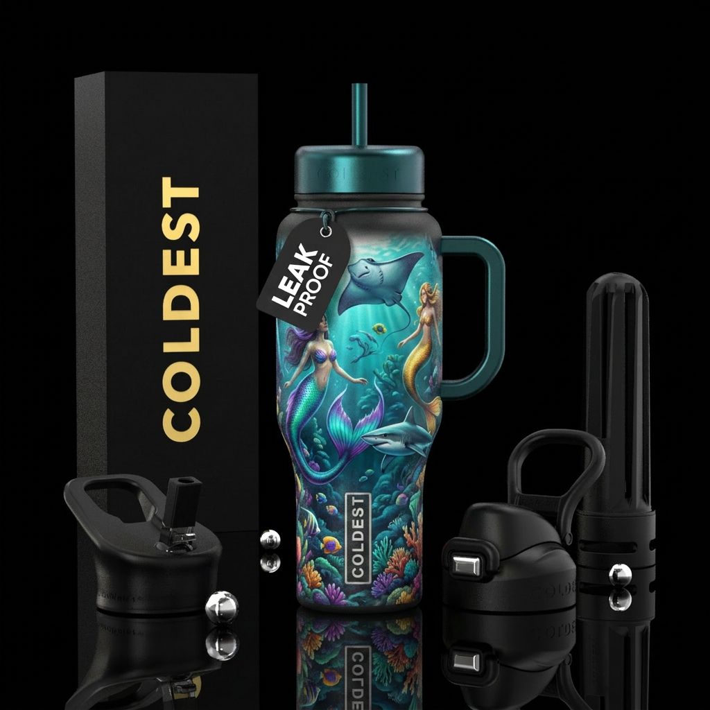 Mermaid, stingray, shark water bottle design