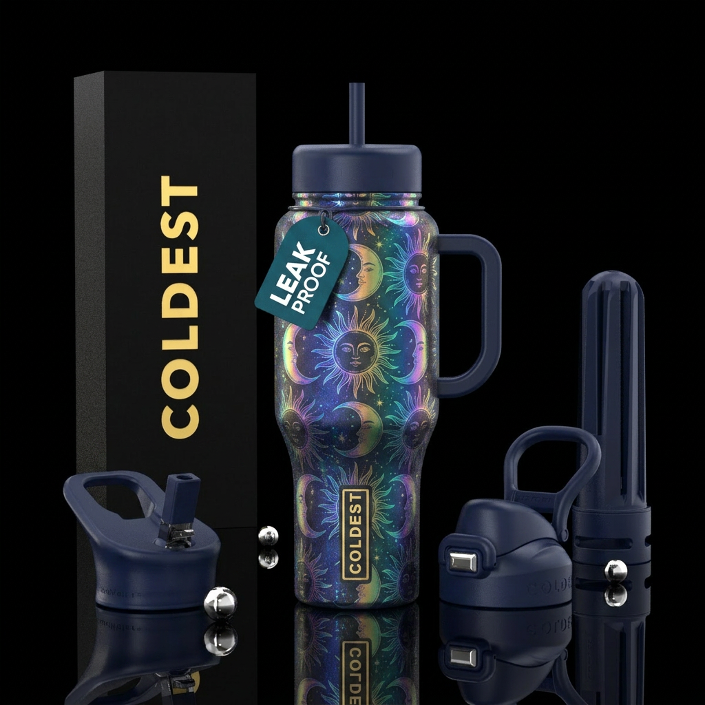 Holographic sun and moon water bottle design