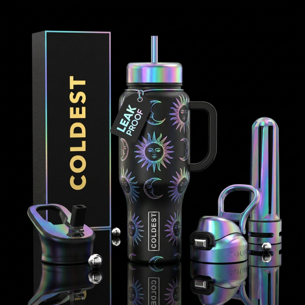 Holographic sun and moon water bottle design