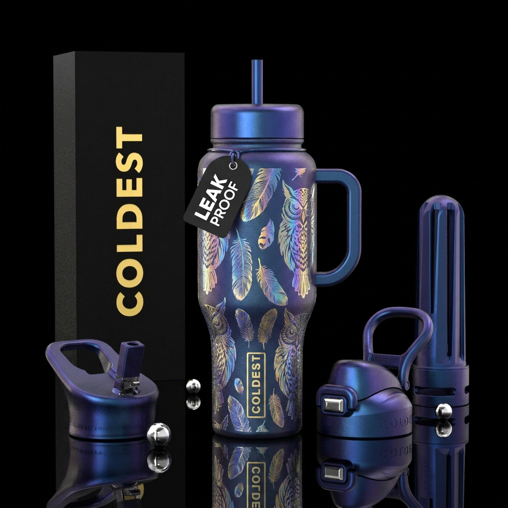 Holographic owl water bottle design