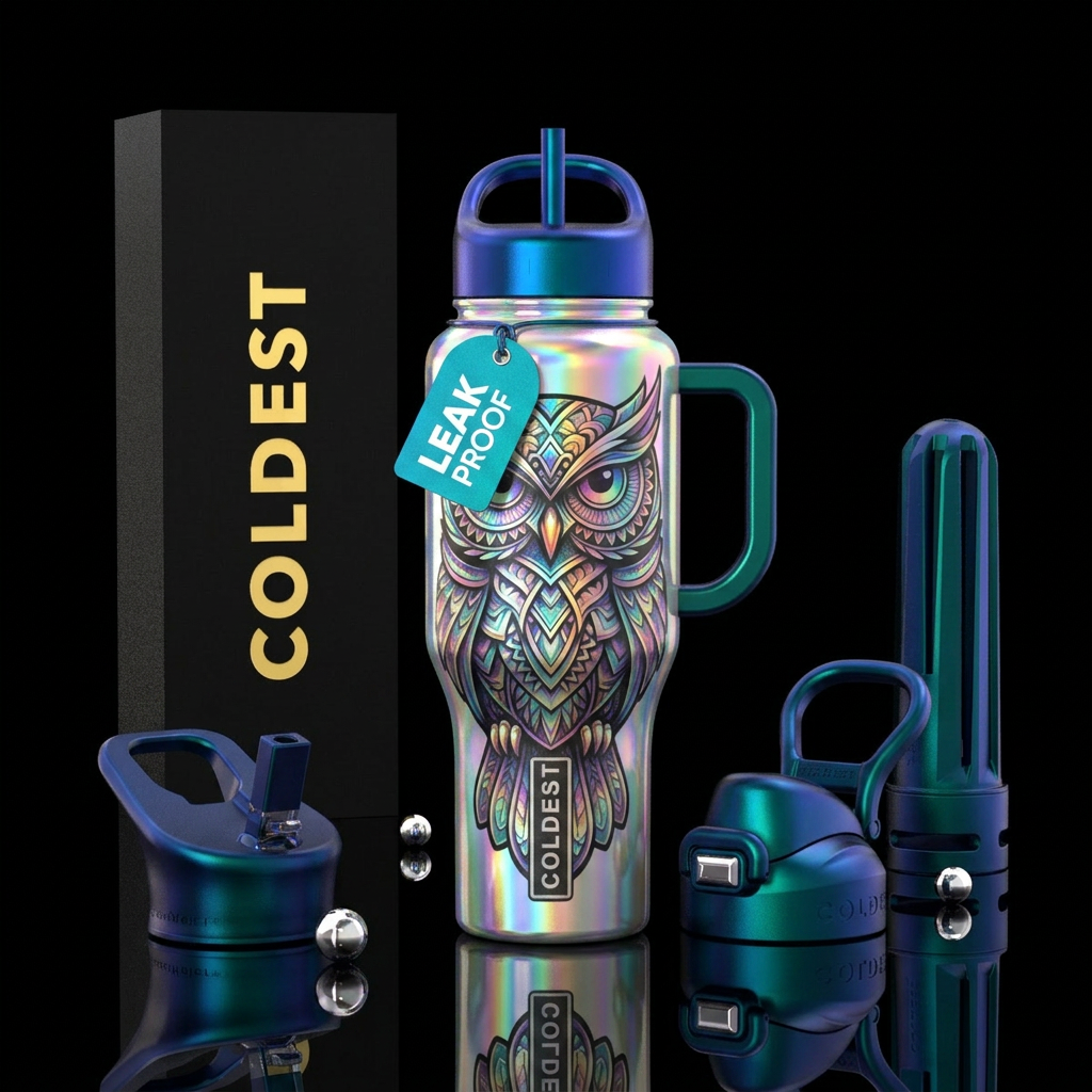 Holographic owl water bottle design