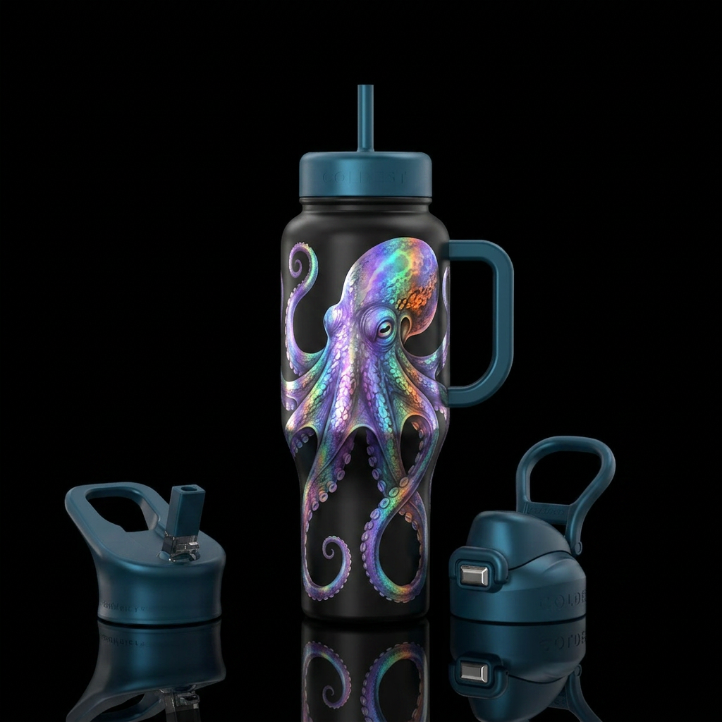 Holographic octopus water bottle design