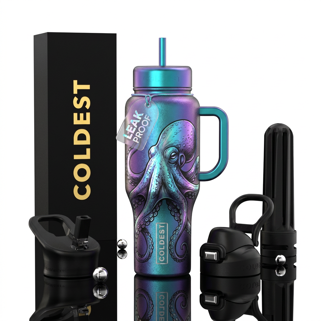 Holographic octopus water bottle design
