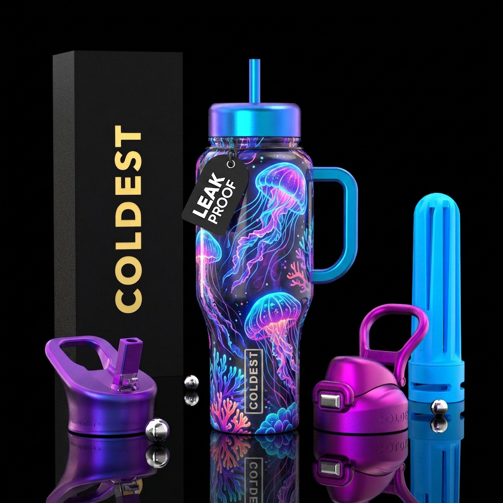 Holographic jellyfish neon water bottle design