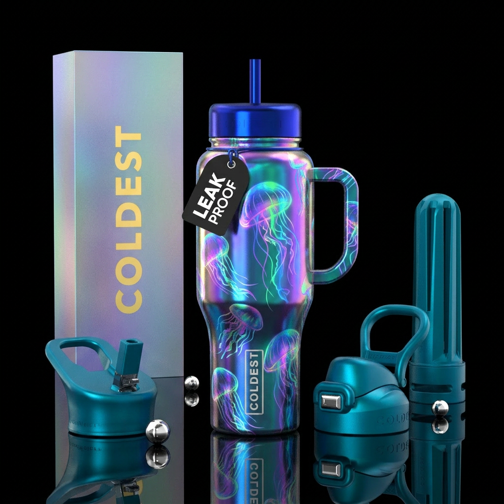 Holographic jellyfish neon water bottle design