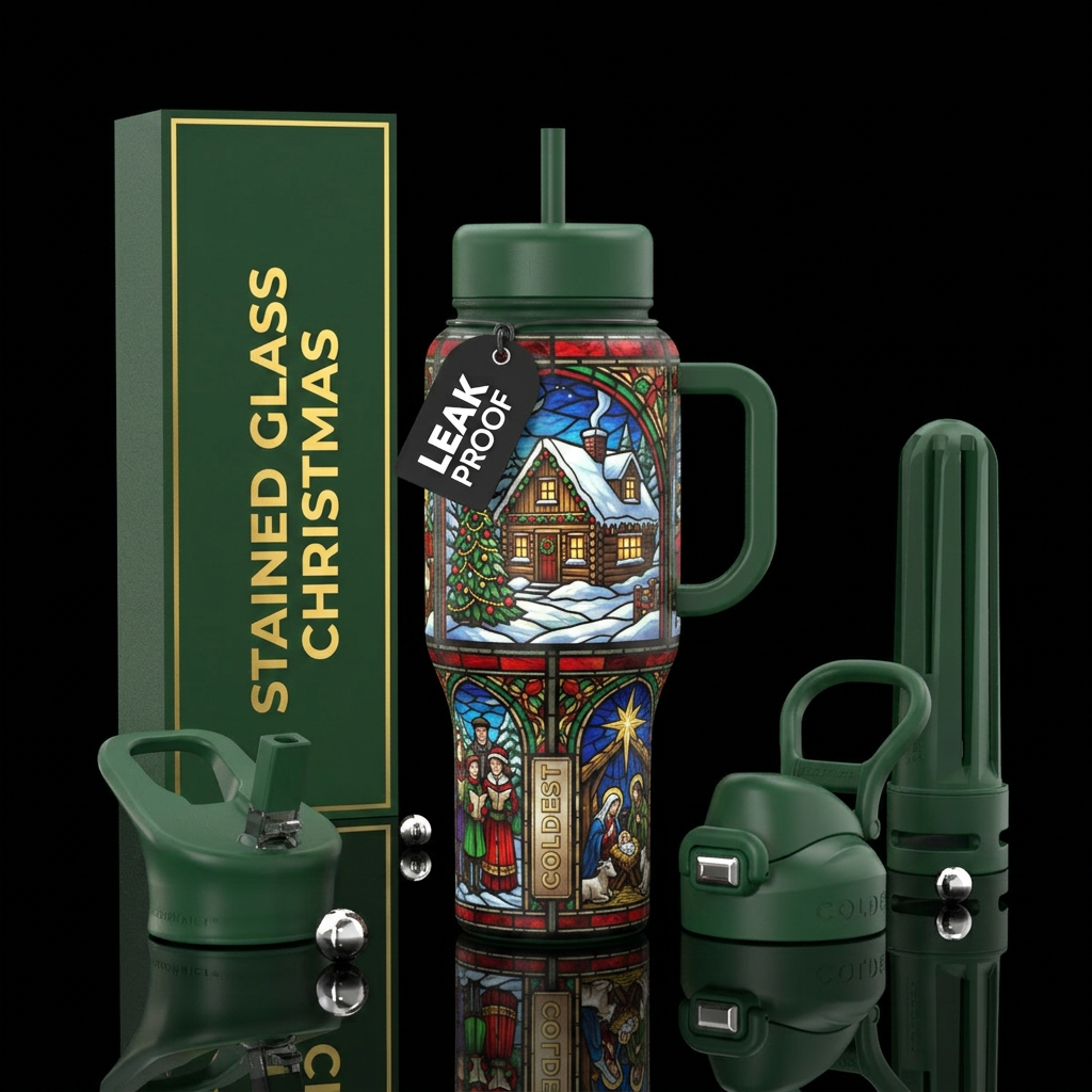 Stained glass christmas mural water bottle design
