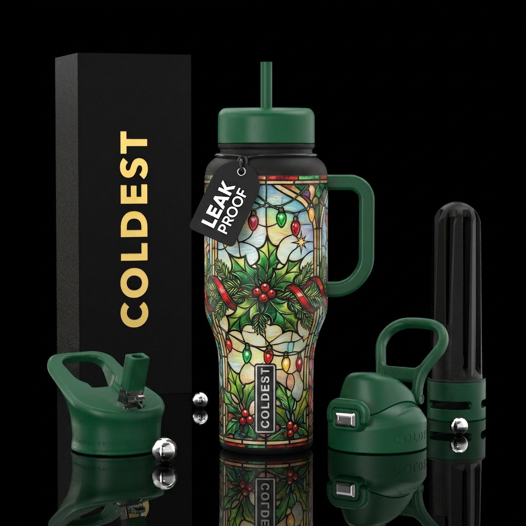 Stained glass christmas mural water bottle design