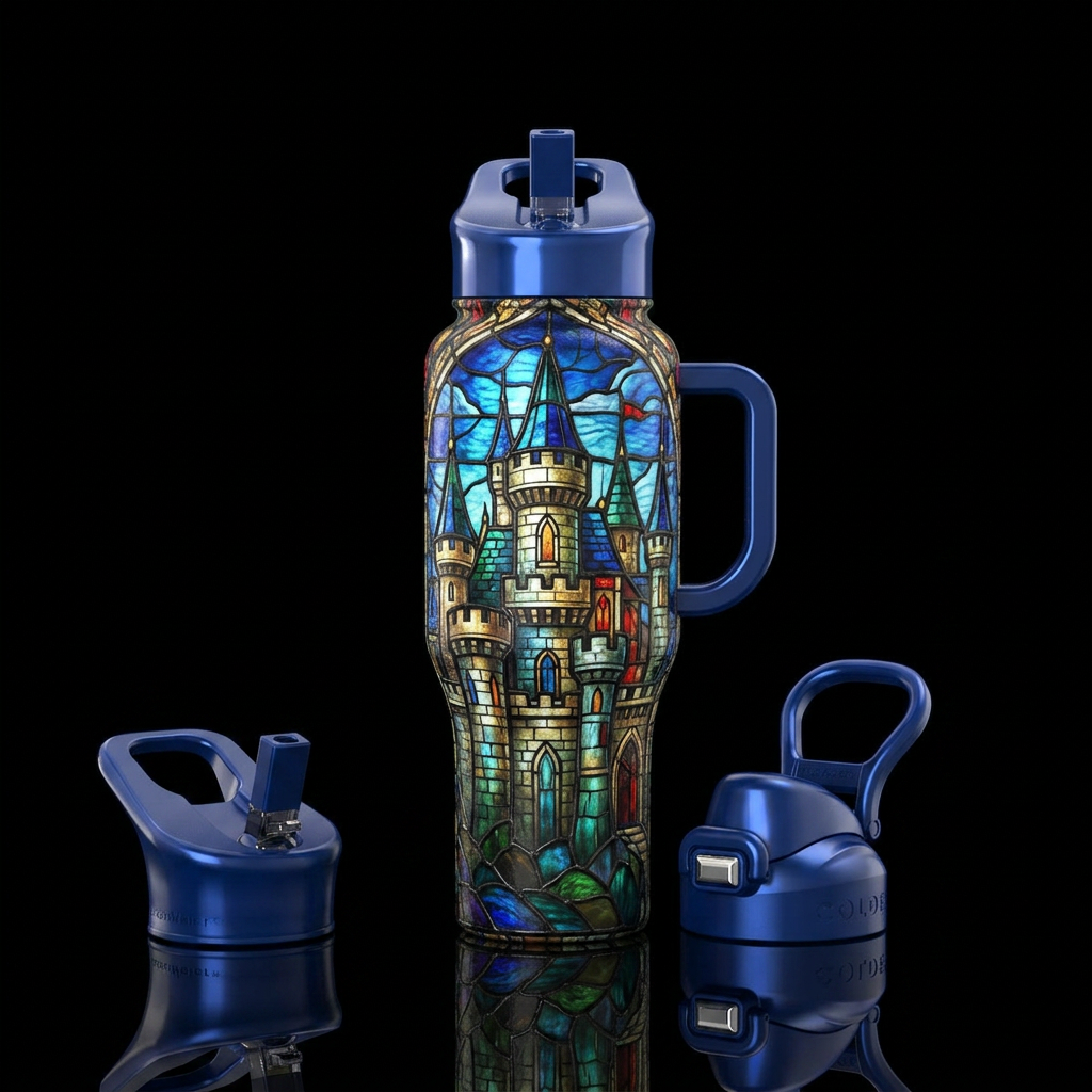 Stained glass castle water bottle design