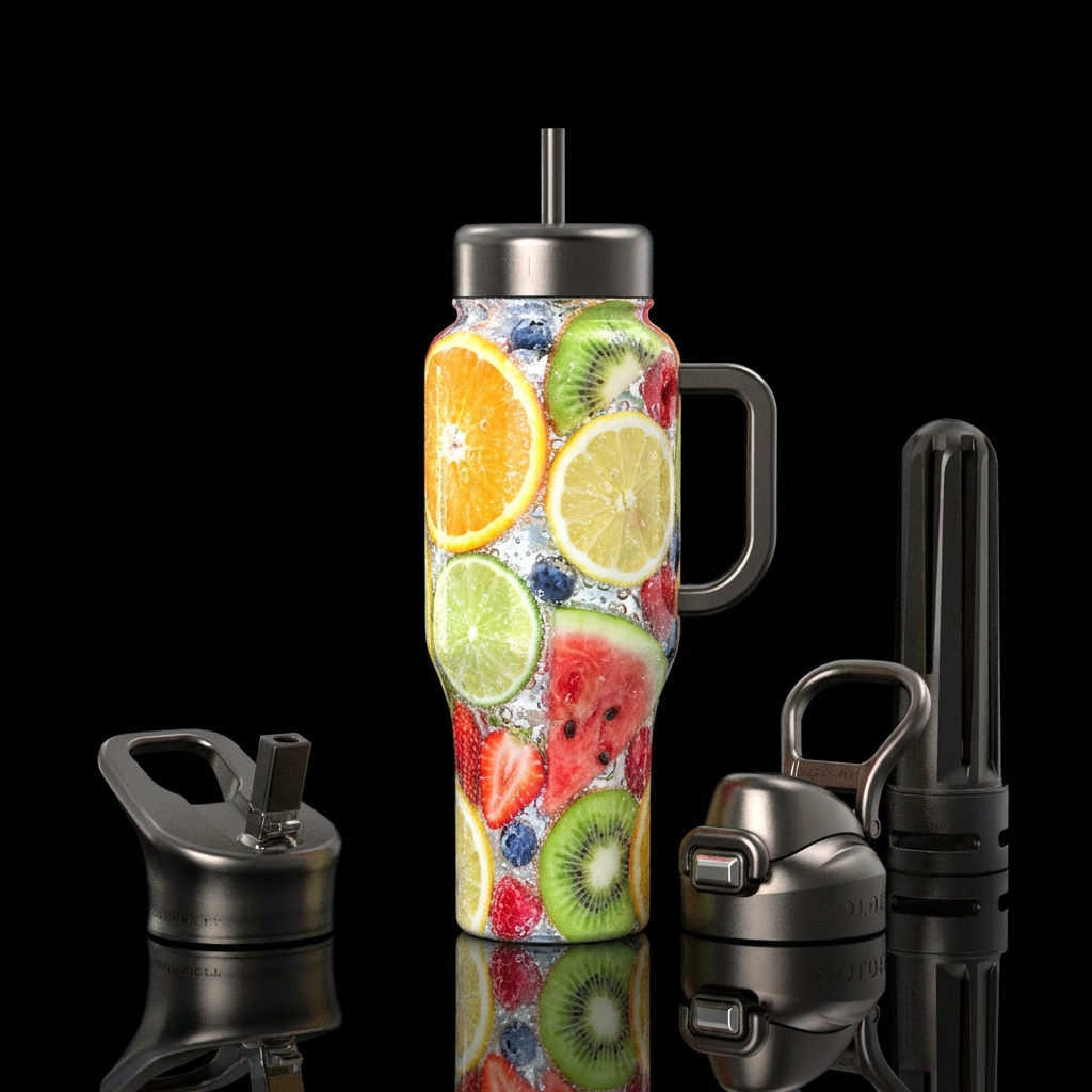 Fresh juicy fruit slices sparkling water bubbles j... water bottle design