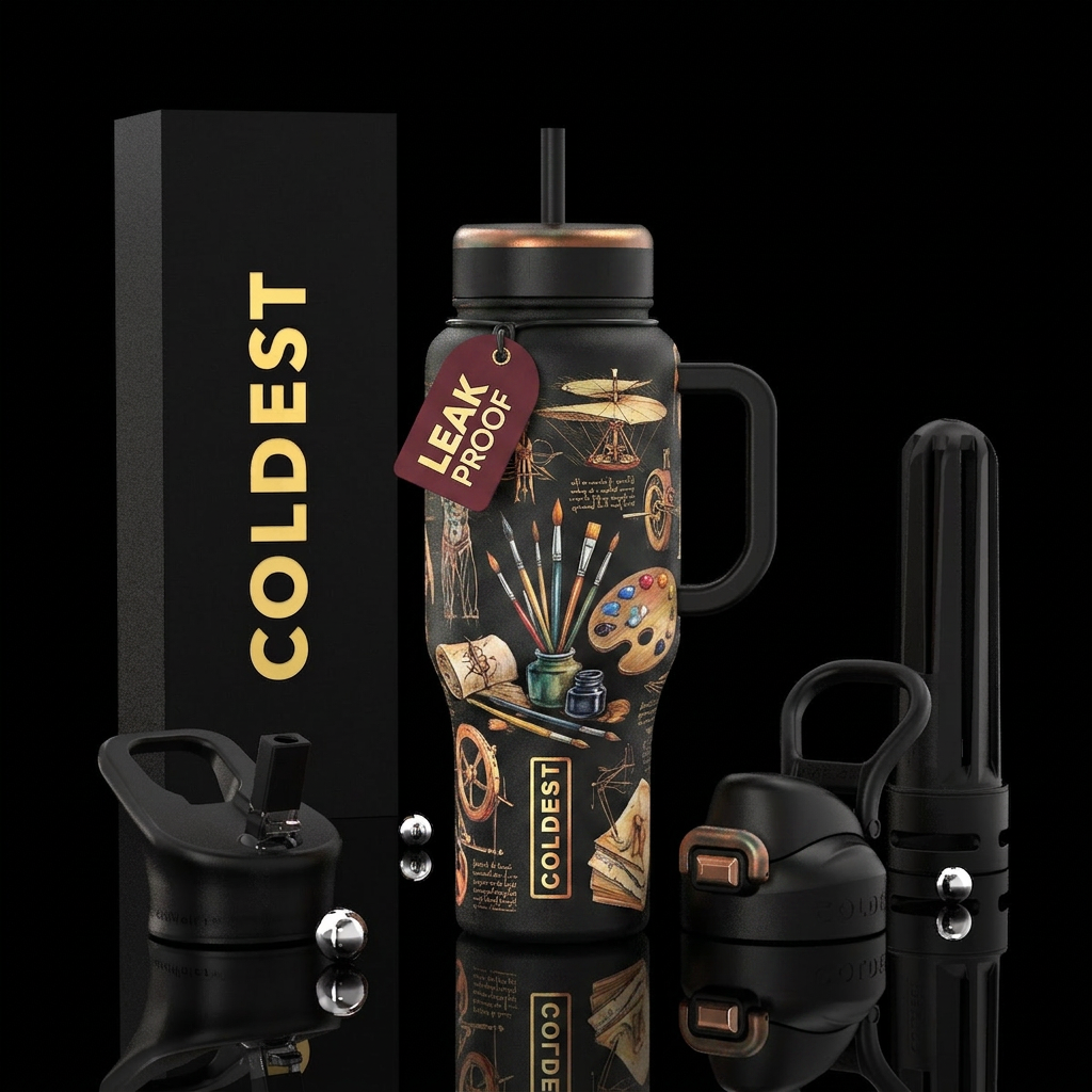 Scene with davinci sketches and art tools water bottle design