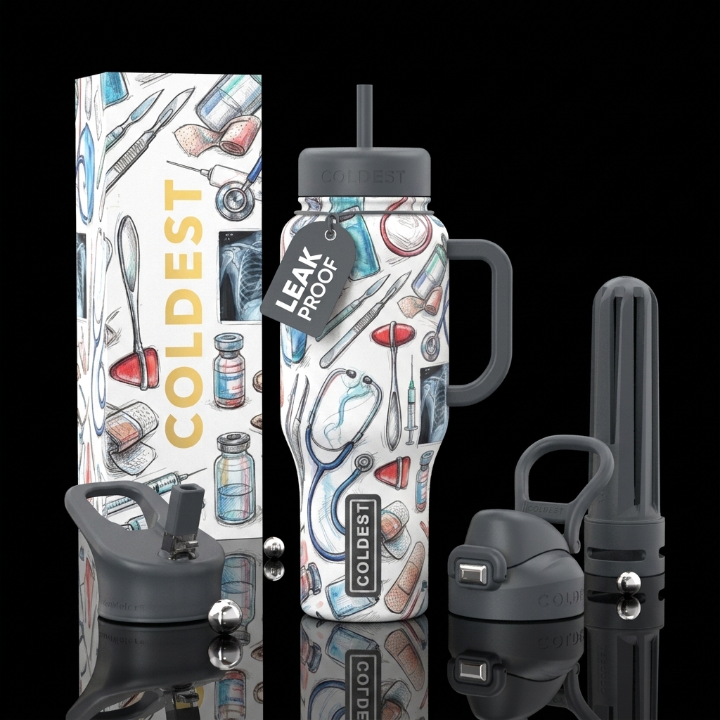 medical field scene of tools, sketches, handle and... water bottle design