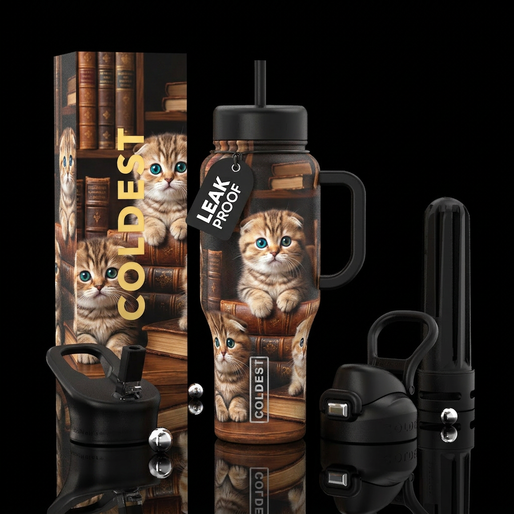 Chunky adorable Scottish fold kitten with striking... water bottle design