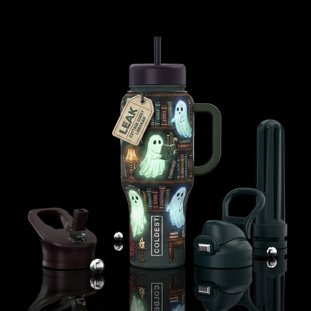 Cottage Core embroidery style ghosts in a moody bo... water bottle design