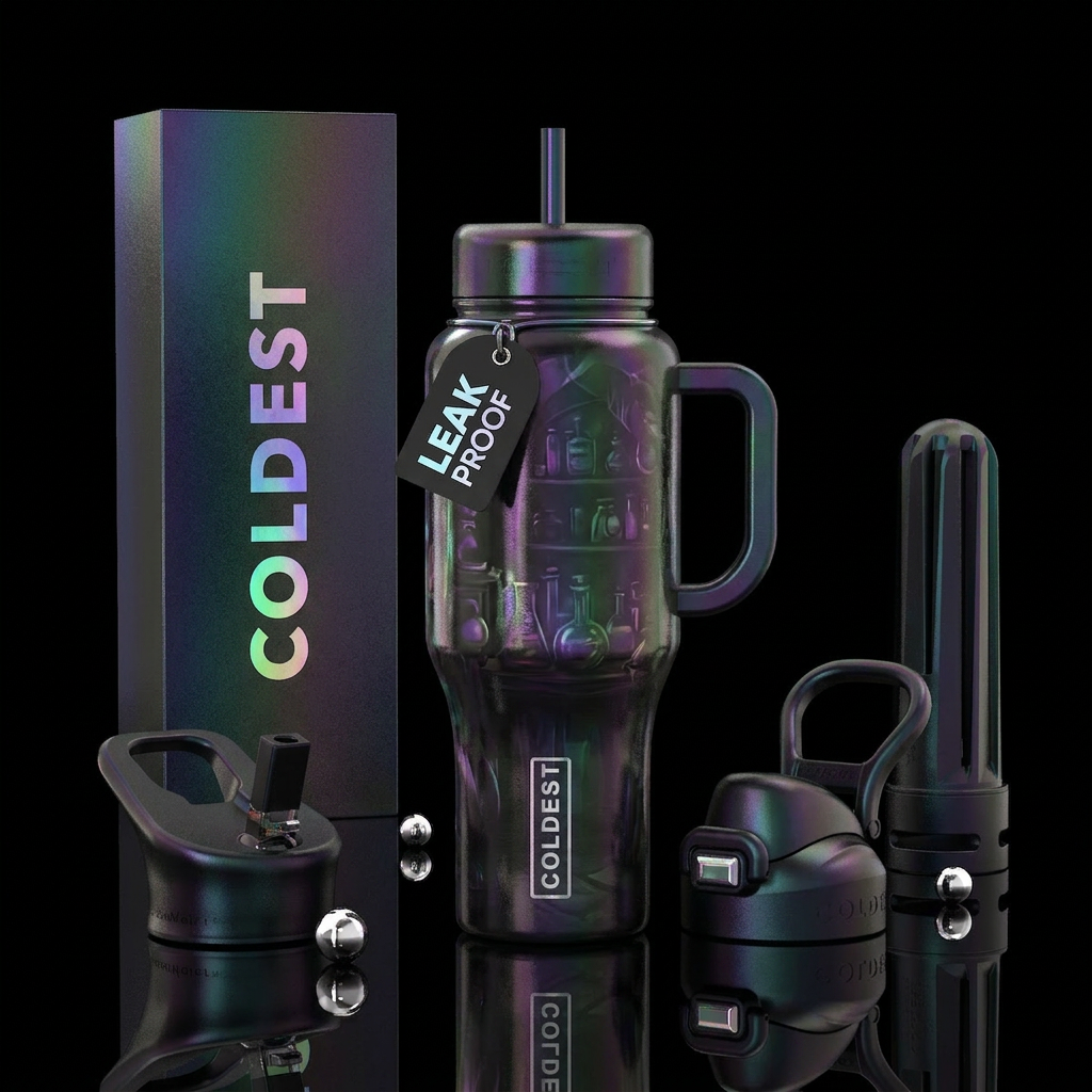 Whimsical Moody spell shop with dark iridescent ba... water bottle design