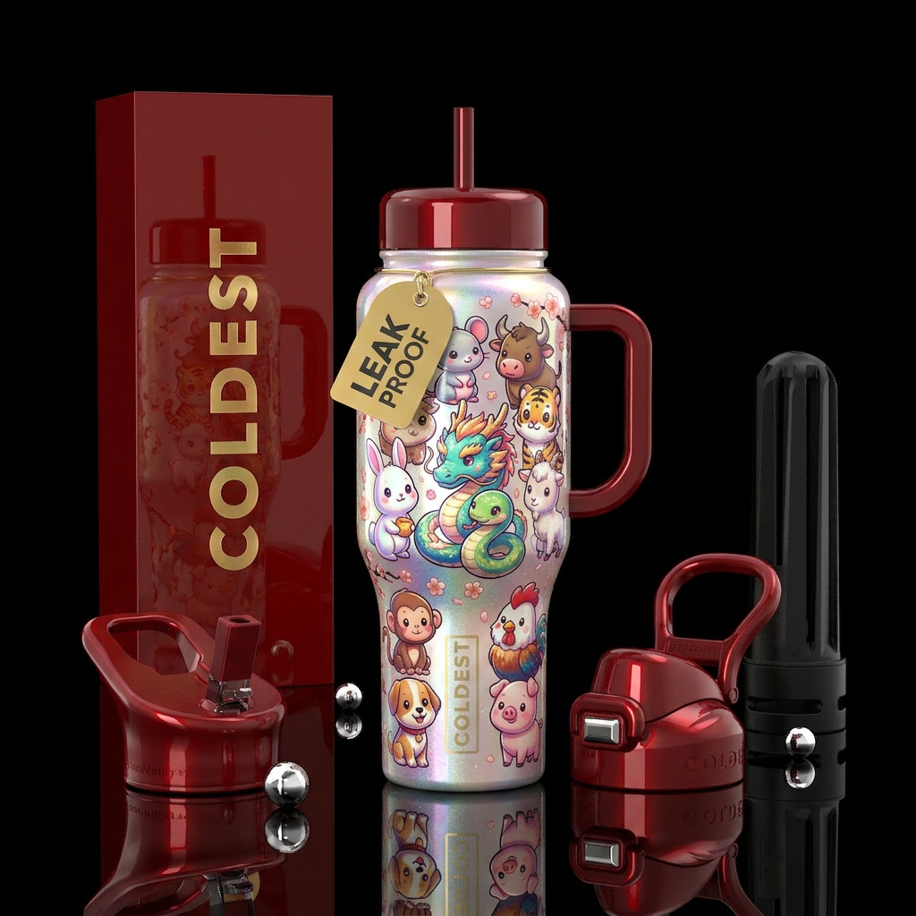 cute chibli chinese astrology scene with all 12 an... water bottle design