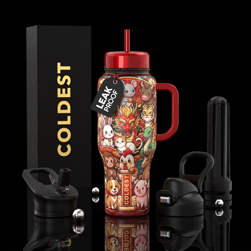 cute anime style chinese astrology scene using gol... water bottle design