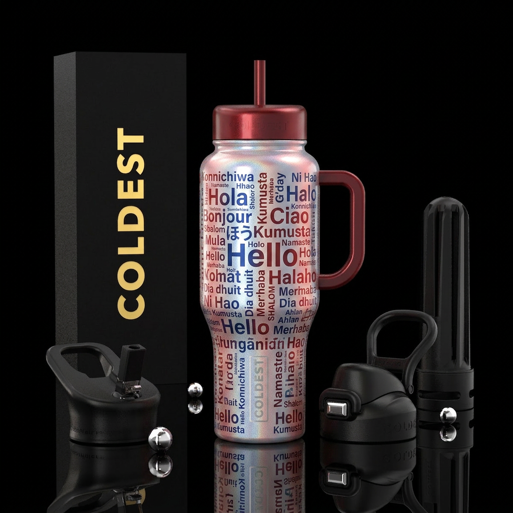 Show all of the different languages Hello that are... water bottle design