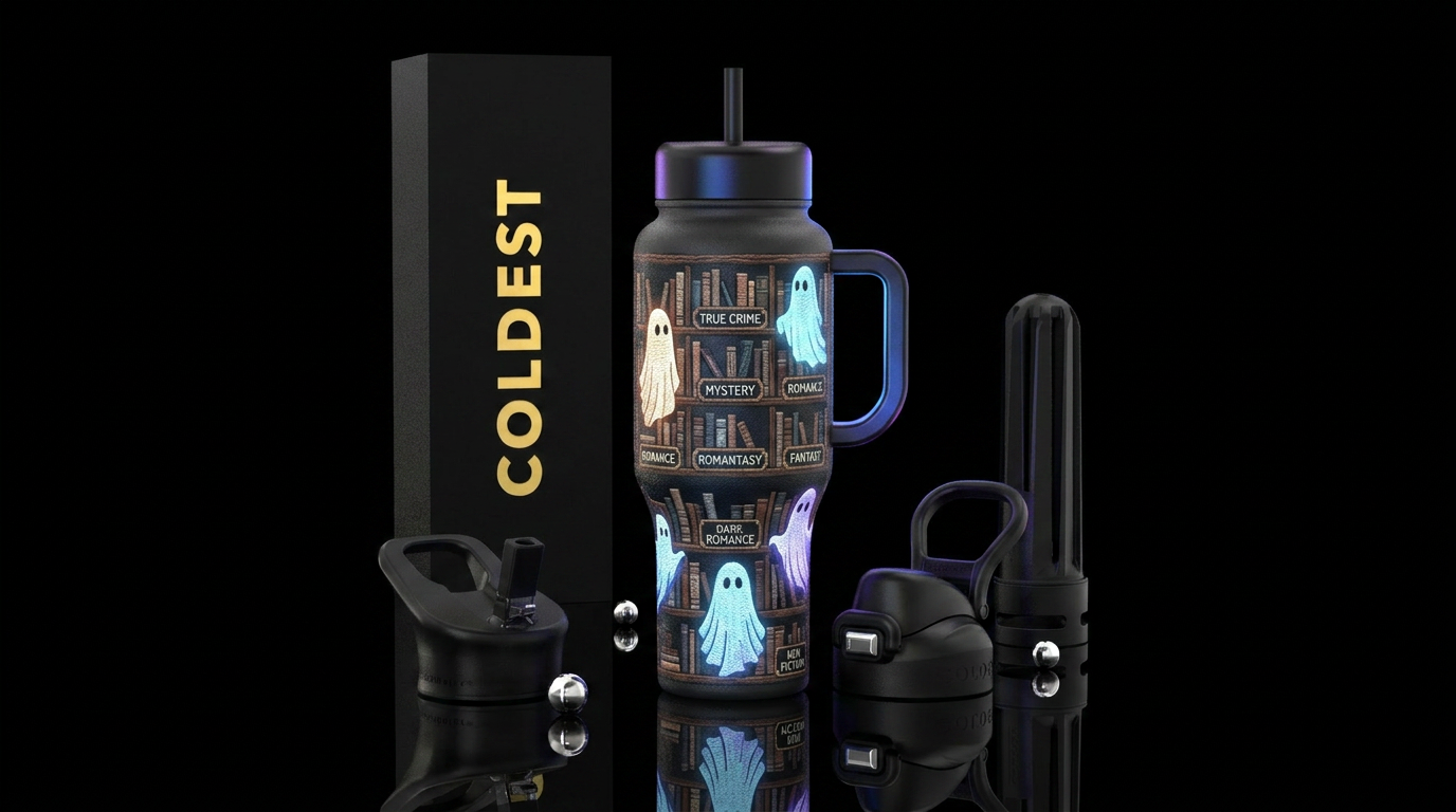 Cottage Core embroidery style ghosts in a moody bo... water bottle design