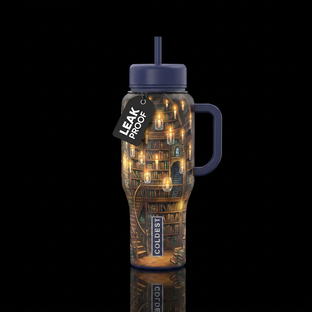 create an image of a magical library in the Studio... water bottle design