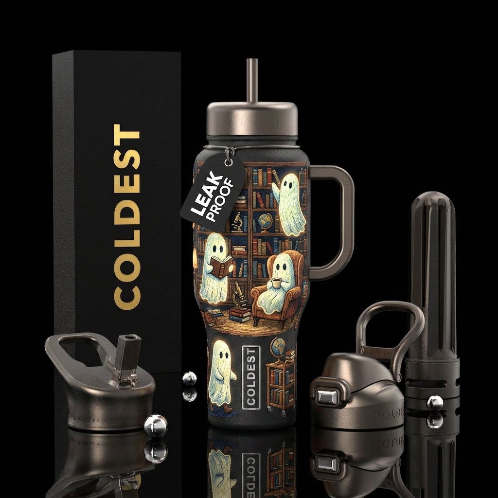 Cottage Core embroidery style ghosts in a moody bo... water bottle design