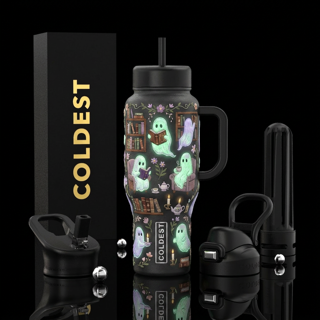 Cottage Core embroidery style ghosts in a moody bo... water bottle design