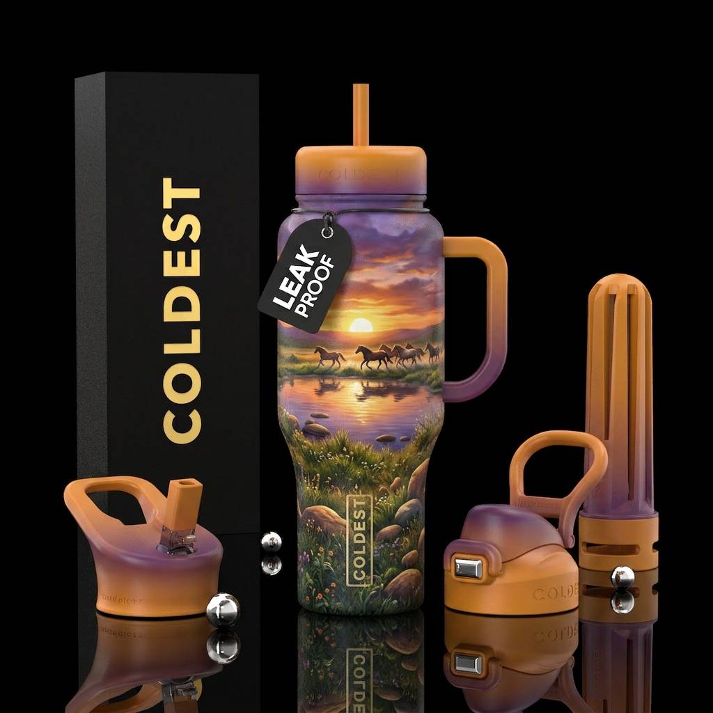 create a serene view of a pond, with lush grass an... water bottle design