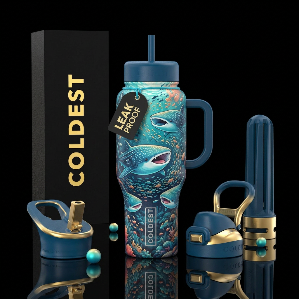 Whale shark feeding frenzy but make it cute water bottle design
