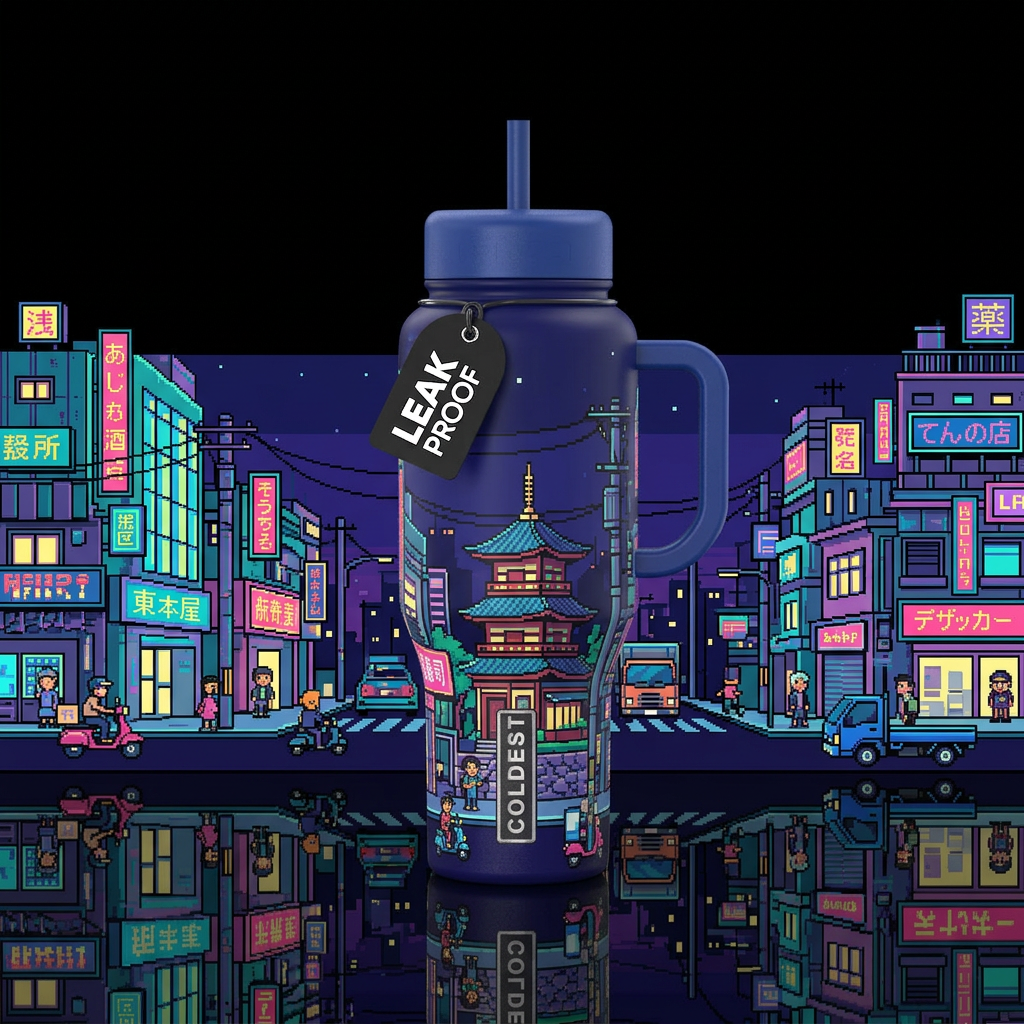 8 bit Japanese design of a streetscape water bottle design
