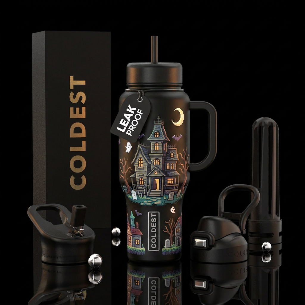 8bit haunted house or town, show front and back water bottle design