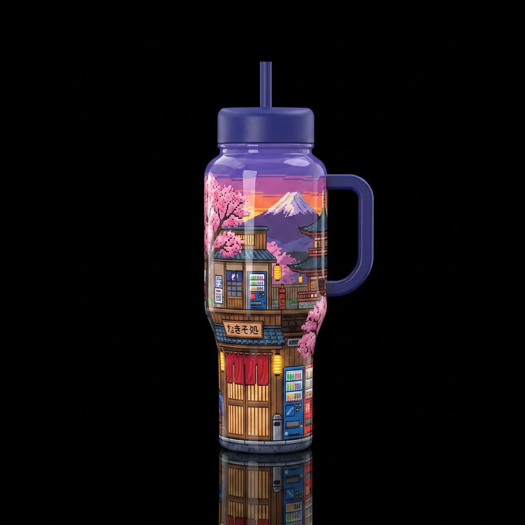 8 bit Japanese design of a streetscape water bottle design