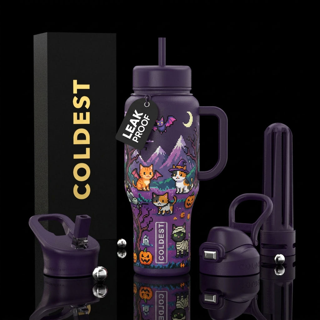 8bit kittens in a landscape in Halloween costumes water bottle design