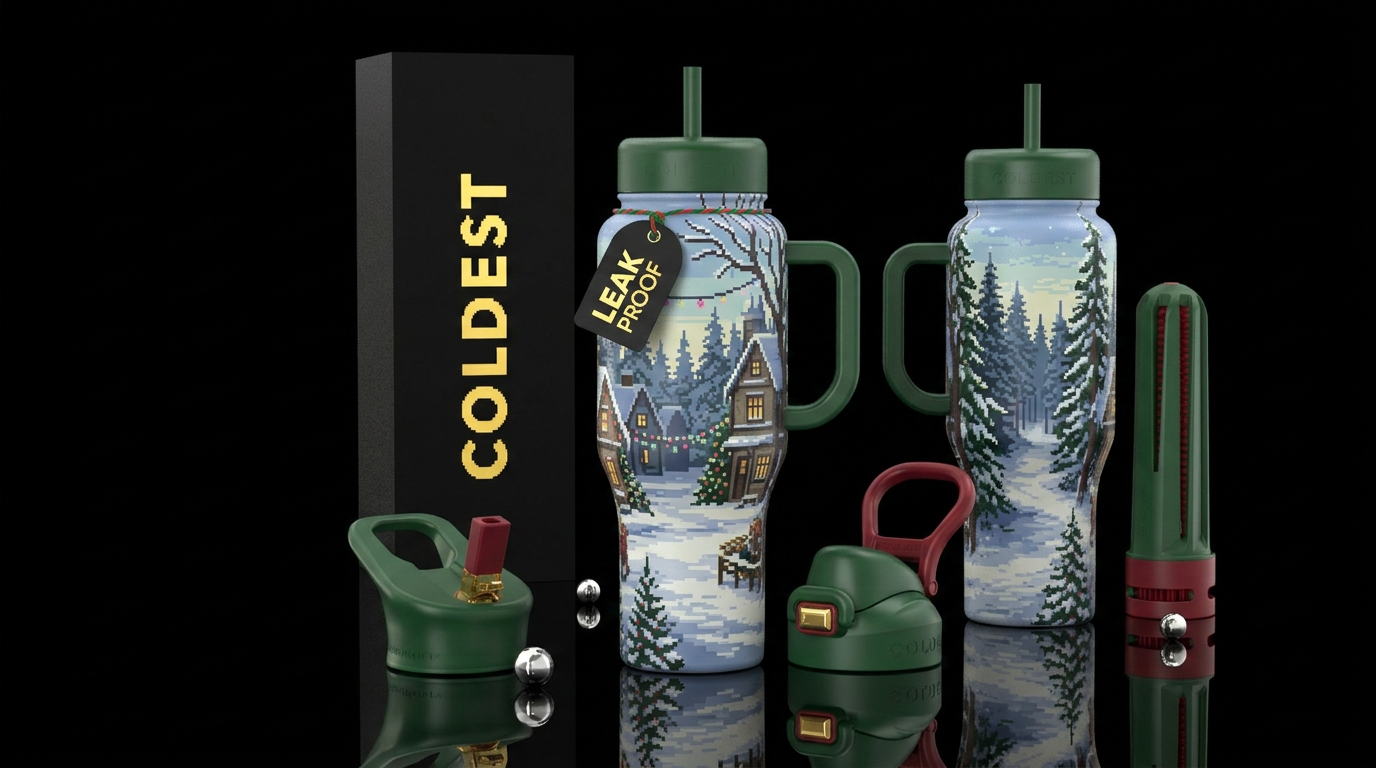 8bit art style, liminal, nostalgic Christmas scene... water bottle design