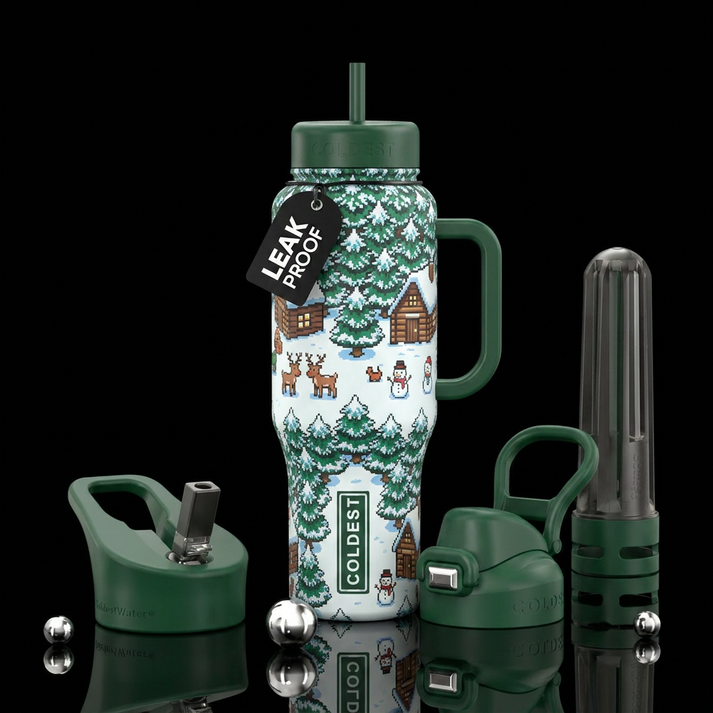 8bit snowy forest Christmas nostalgic feelings water bottle design