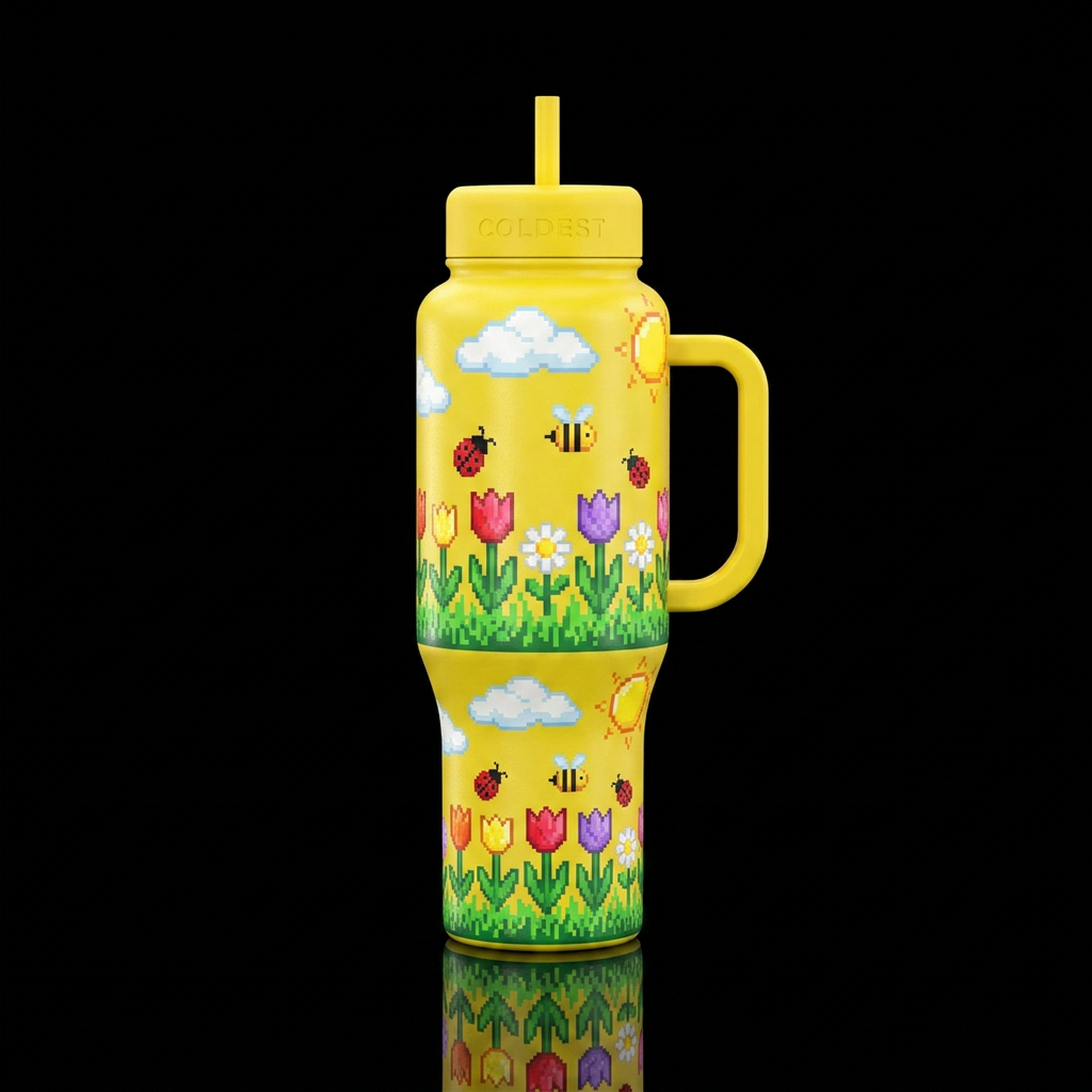 8-bit style, cute garden scene, spring, bright, ch... water bottle design