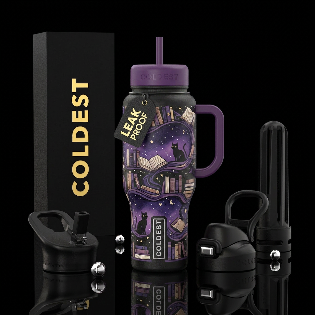 A cats never-ending library water bottle design