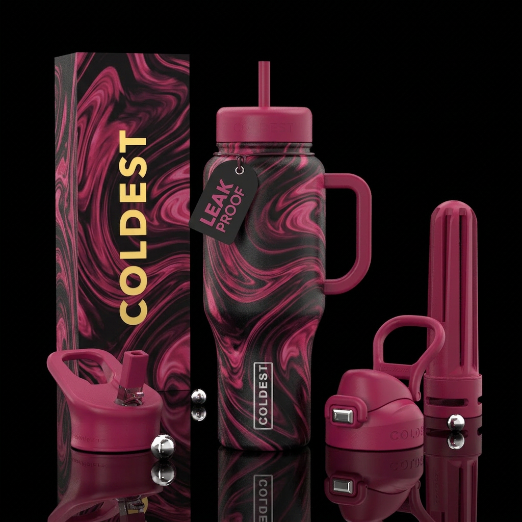 Black and dark pink swirl water bottle design