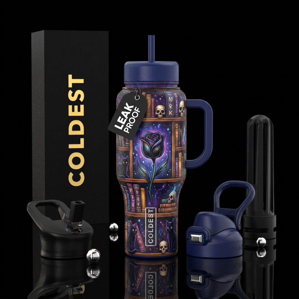 Book shelf black cat skulls magic black flower water bottle design