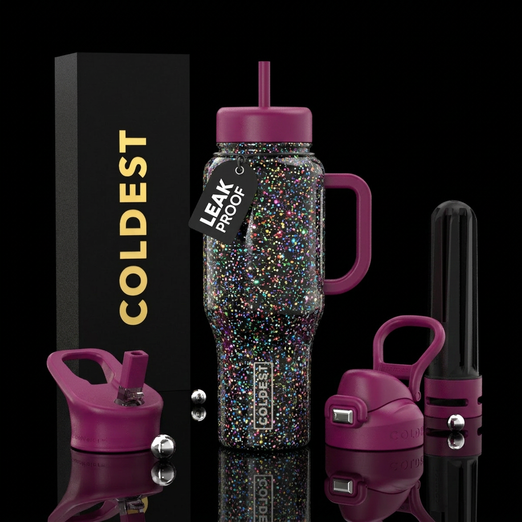 Multi colored glitter over black water bottle design