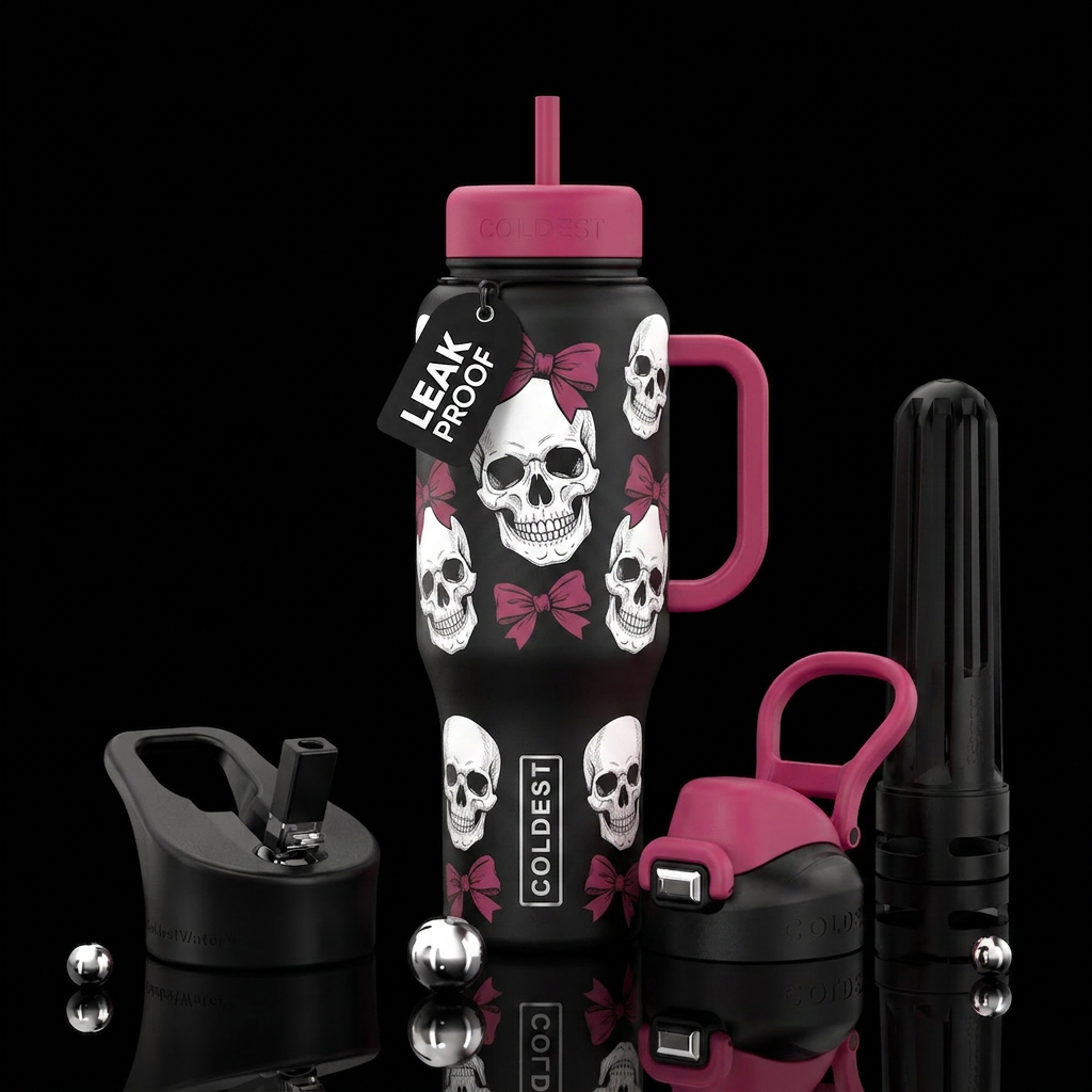 Black bottle white skull with dark pink bows water bottle design