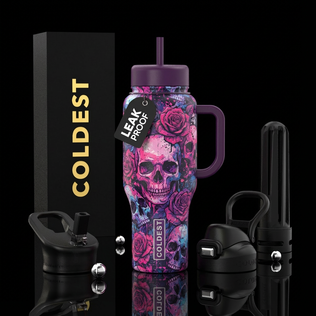 Skulls and roses with pinks purples and blues water bottle design