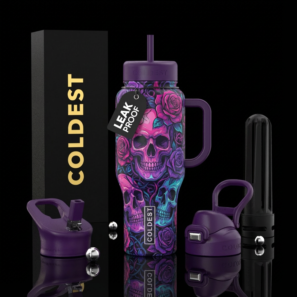 Skulls and roses with pinks purples and blues water bottle design