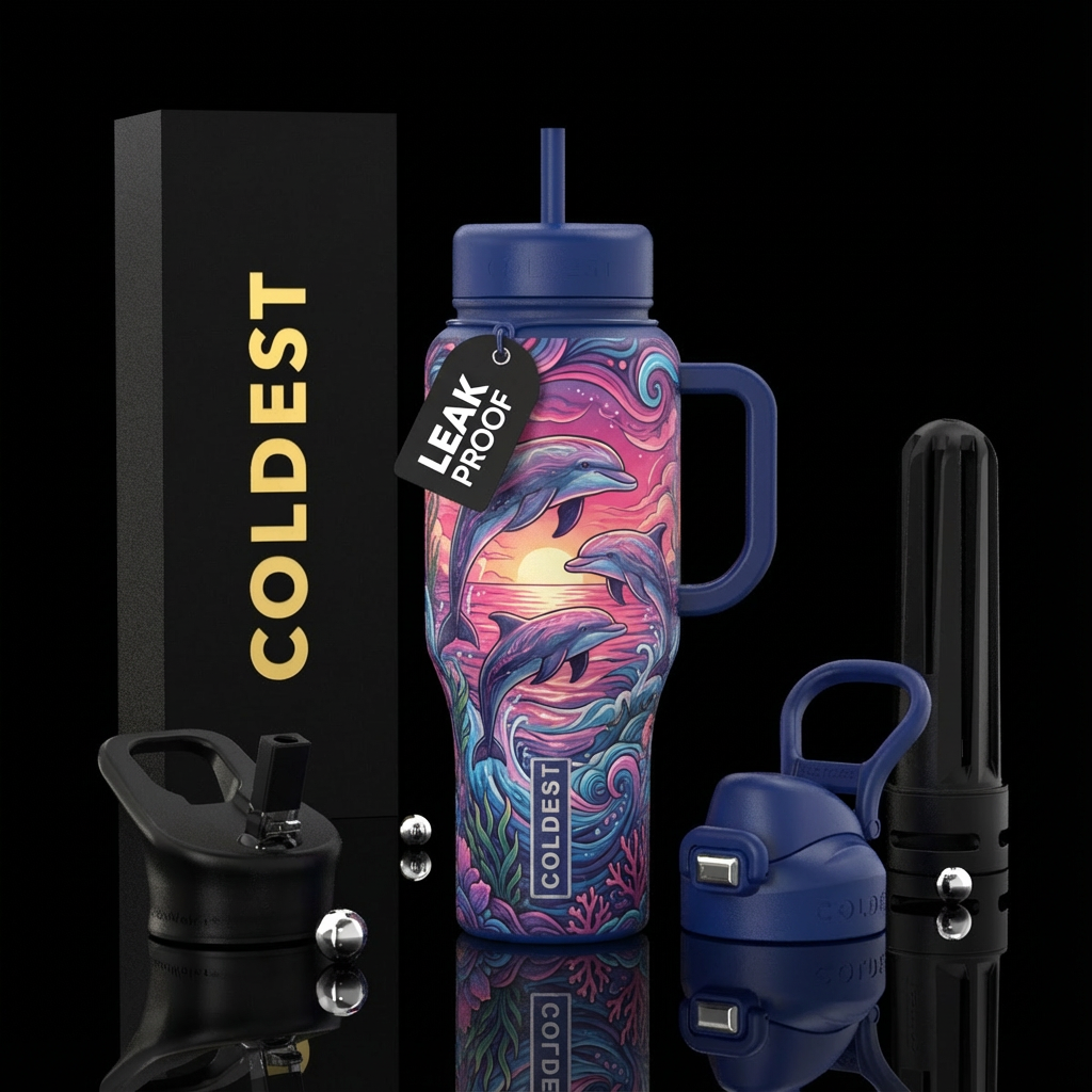 Dophins sunset with pinks purples and blues water bottle design