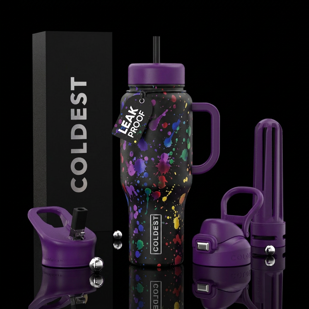 Black bottle splattered with deep vibrant jewel to... water bottle design