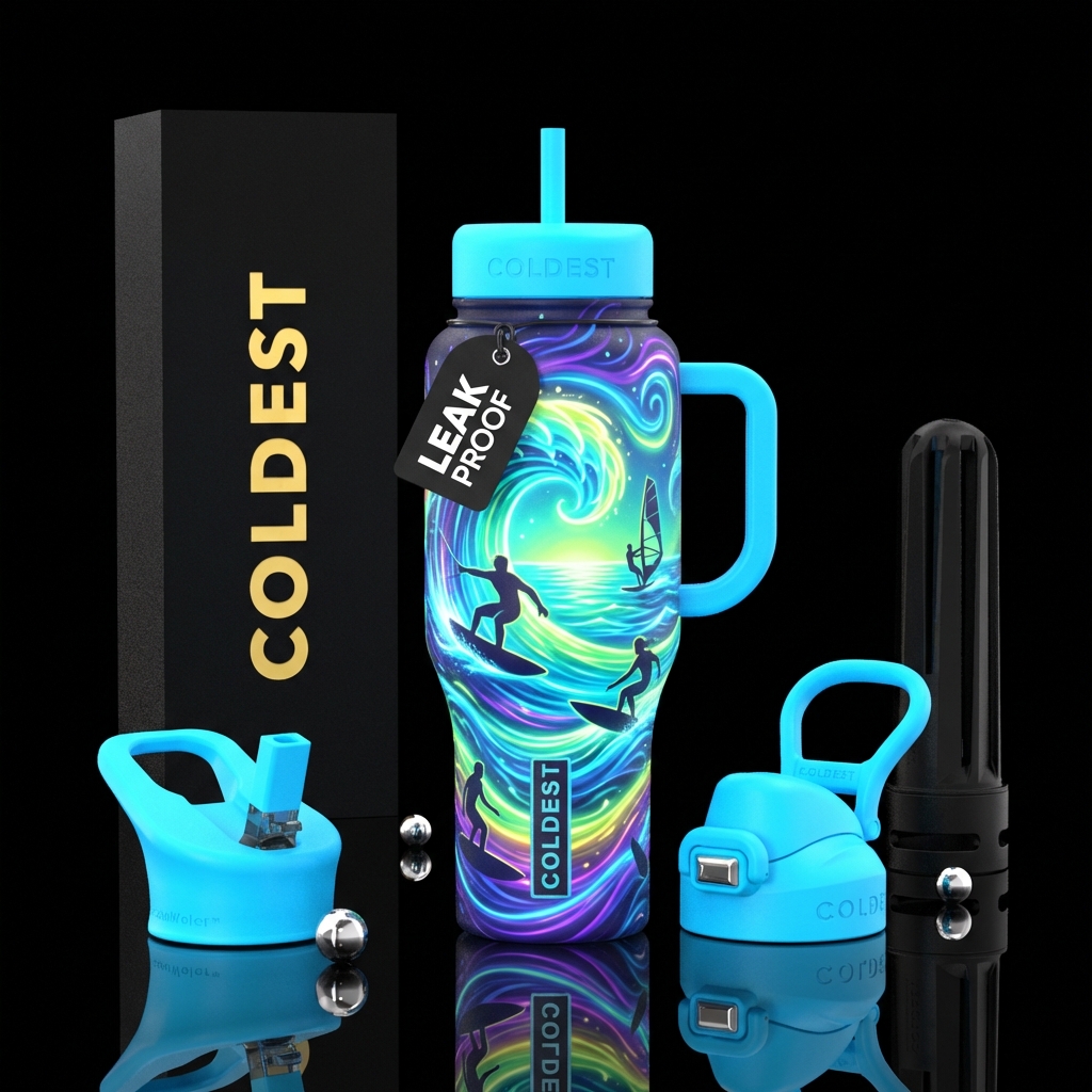 Glowie background with water boarding water bottle design