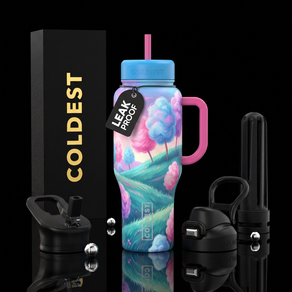 Cotton candy floral design across a landscape of r... water bottle design