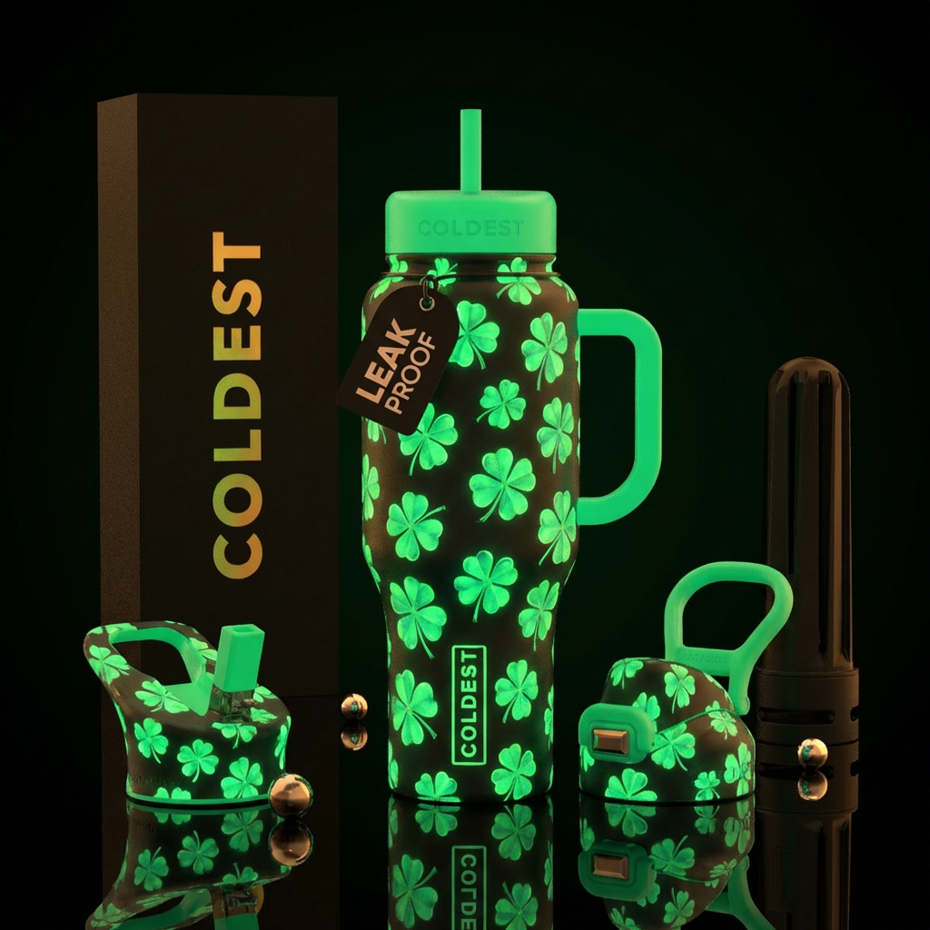 Four leaf clovers that glow water bottle design