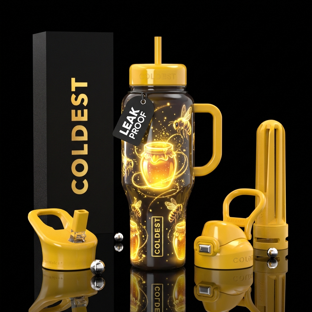 Yellow honey pots and bees that glow water bottle design